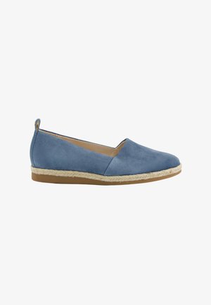 Blue suede slip-on flat shoe with rounded toe, braided jute midsole, tan rubber outsole, and small heel pull tab.