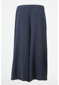 Middagblauwe wijde broek gemaakt van soepel stof, met een elastische tailleband en een rechte snit, die tot midden onder de kuit valt met een schone zoom.