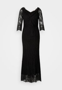 Robe de soirée en dentelle noire avec des manches trois-quarts, un décolleté en V profond, un corps ajusté et une jupe évasée avec un ourlet festonné.