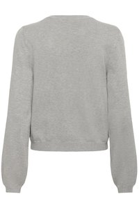 Gray sweater with long sleeves, round neckline, and a ribbed hem. Made of soft knit fabric, featuring a simple, smooth texture.