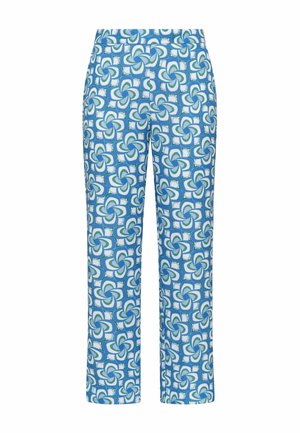 Pantaloni a gamba dritta con motivo floreale a spirale blu e verde su sfondo bianco.