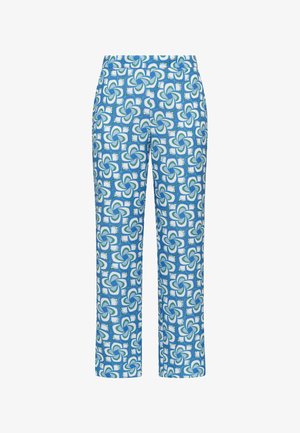 Pantalon droit avec un motif tourbillonnant floral bleu et vert sur fond blanc.
