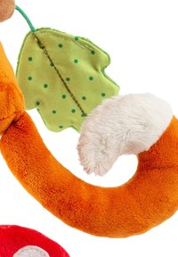 Soft orange plush tail with white tip, featuring a green fabric leaf with polka dots, designed for tactile engagement and play.