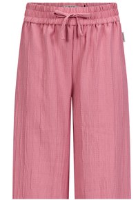 Roze, wijde broekspijpen van een gestructureerde stof, met een elastische tailleband en een trekkoord, en een relaxte silhouet.