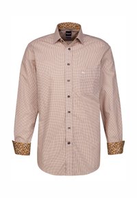 Camicia a maniche lunghe a quadri marrone con colletto interno a fiori e polsini a contrasto, dotata di taschino sul petto e chiusura con bottoni.