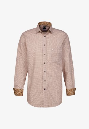 Camicia a maniche lunghe a quadri marrone con colletto interno a fiori e polsini a contrasto, dotata di taschino sul petto e chiusura con bottoni.
