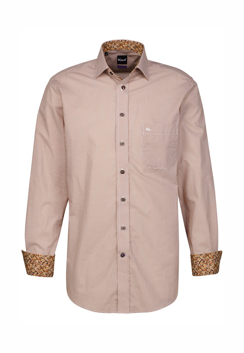 Camicia a maniche lunghe a quadri marrone con colletto interno a fiori e polsini a contrasto, dotata di taschino sul petto e chiusura con bottoni.