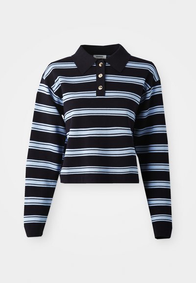 Collared long-sleeve polo shirt in navy with light blue stripes, featuring a button placket with three gold buttons and a cropped design.