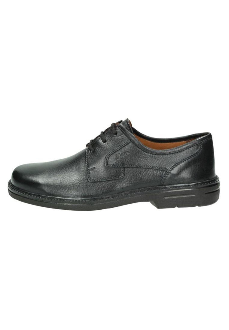 Zapato de vestir de cuero negro con textura suave, puntera redonda y diseño de cordones. Presenta una plantilla acolchada y suela de goma.