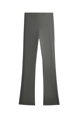 Gray athletic leggings with a flared shape, smooth texture, wide waistband, and subtle side seams. Suitable for active wear.
