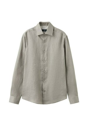 Camicia grigia chiara a maniche lunghe con colletto, patta frontale e polsini con bottoni, mostrata su sfondo bianco.
