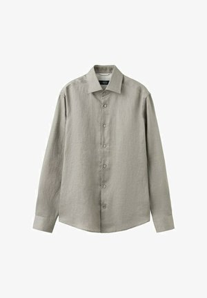 Chemise à manches longues gris clair avec col, patte de boutonnage frontale et poignets boutonnés, présentée sur un fond blanc.