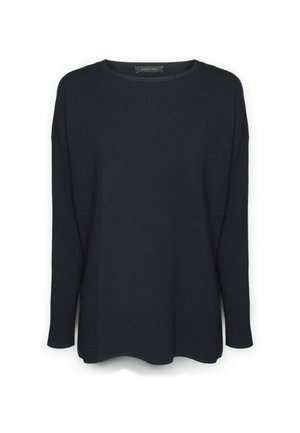 Suéter azul marino oscuro hecho de un suave tejido de punto texturizado. Presenta mangas largas y un escote redondeado, con un dobladillo ligeramente curvado.