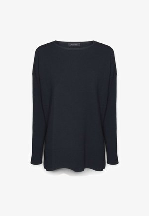 Maglione blu navy scuro realizzato in un morbido knit texturizzato. Presenta maniche lunghe e un scollo rotondo, con un orlo leggermente curvato.