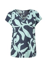 Blouse à manches courtes avec col en V, motif abstrait de feuilles bleu clair et bleu marine, fermeture à boutons au dos et coupe décontractée.