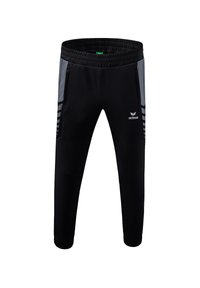 Schwarze sportliche Hose mit lockerer Passform, grauen Akzenten, elastischem Bund und seitlichen Taschen für zusätzlichen Komfort.