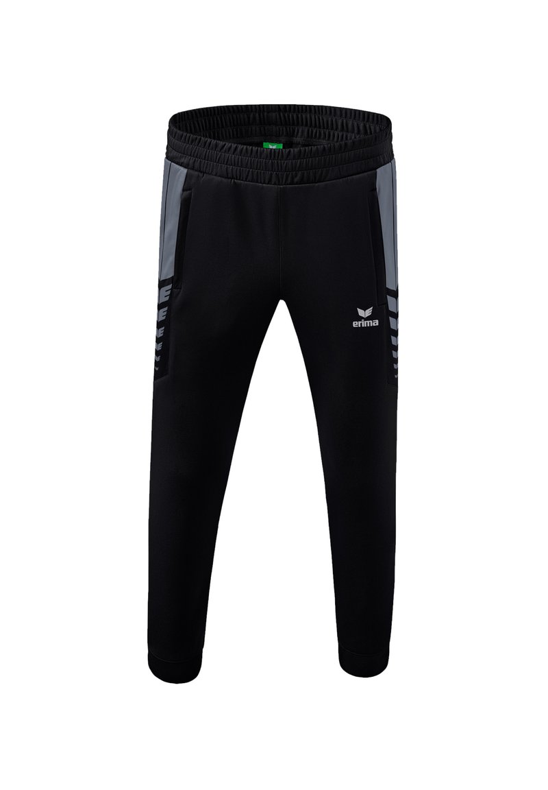 Schwarze sportliche Hose mit lockerer Passform, grauen Akzenten, elastischem Bund und seitlichen Taschen für zusätzlichen Komfort.