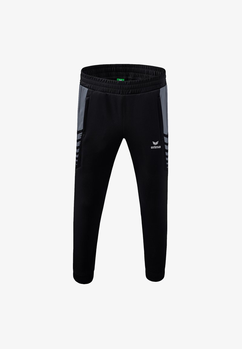 Schwarze sportliche Hose mit lockerer Passform, grauen Akzenten, elastischem Bund und seitlichen Taschen für zusätzlichen Komfort.