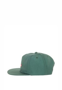 Groene snapback pet, gemaakt van katoen, met een plat vizier, ronde kroon en een klein merklabel aan de voorkant. Gladde textuur.