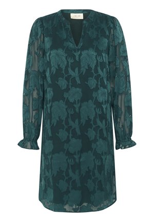 Vestido de color teal con estampado floral, cuello en V, mangas largas de tul y puños con volantes, que presenta una textura bordada para un detalle adicional.