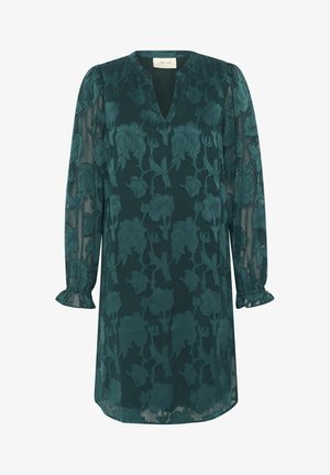 Teal haljina s cvjetnim uzorkom, V-izrezom, dugim prozirnim rukavima i nabranim manžetama, s izvezenom teksturom za dodatne detalje.
