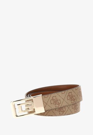 Cintura marrone texturizzata con una fibbia rettangolare dorata che presenta un logo. La cintura ha un design pattern e una fodera in pelle liscia.