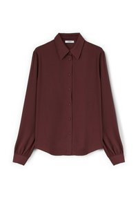 Camicia bordeaux a maniche lunghe con colletto classico, chiusura con bottoni e polsini elasticizzati. Realizzata in un tessuto leggero e liscio.