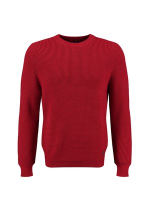 Rode gebreide trui met een ronde halslijn, textuurstof, lange mouwen en geribde manchetten en zoom. Kenmerkt zich door een klein logo aan de zijkant.
