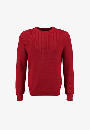 Rode gebreide trui met een ronde halslijn, textuurstof, lange mouwen en geribde manchetten en zoom. Kenmerkt zich door een klein logo aan de zijkant.
