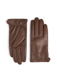 Bruine leren handschoenen met een gladde textuur, met een gebundeld polsideel, vijf vingers en een elegant ontwerp. Geschikt voor koud weer.