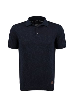 Navyblaues Poloshirt aus strukturiertem Stoff; verfügt über einen Kragen und kurze Ärmel; enthält ein kleines Logopatch am Saum.