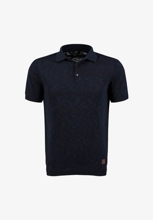 Marineblauwe polo van gestructureerde stof; heeft een kraag en korte mouwen; bevat een klein logopatch op de zoom.