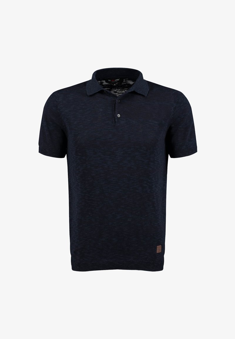 Marineblauwe polo van gestructureerde stof; heeft een kraag en korte mouwen; bevat een klein logopatch op de zoom.