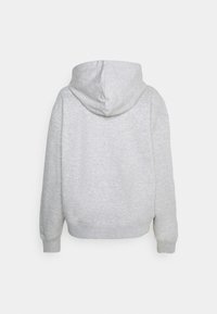 Sweat à capuche gris à texture douce, doté d'une capuche, de manches longues et d'un ourlet côtelé. Design simple sans logos ni motifs visibles.