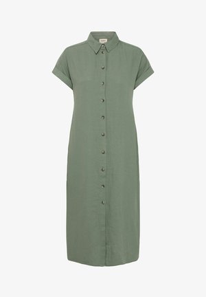 Roheline linane kleit lühikeste keeratud varrukatega, krae ja esi-nööbiga sulgemine. Sile tekstuur ja põlvepikkune disain.