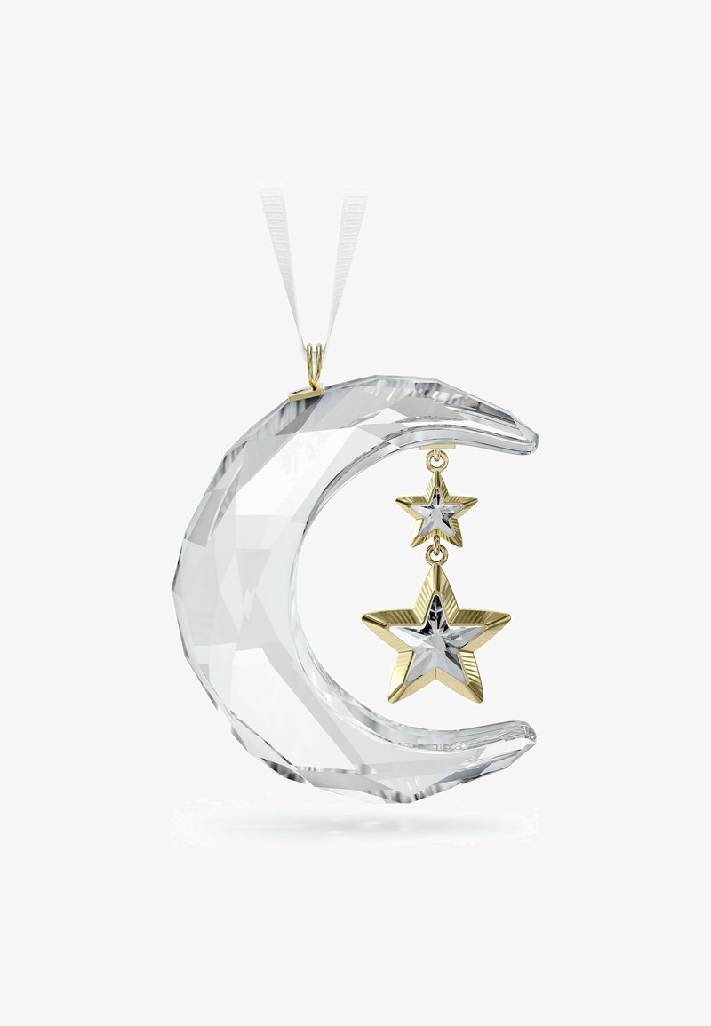 Kristallen ornament in de vorm van een halve maan met een gouden sterhanger. Heeft een facetgeslepen heldere oppervlakte en een opgehangen lint voor display.