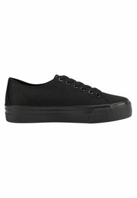 Black canvas sneakers with round toe, flat black rubber sole, and six eyelets for laces. Smooth texture with no visible patterns or accents.