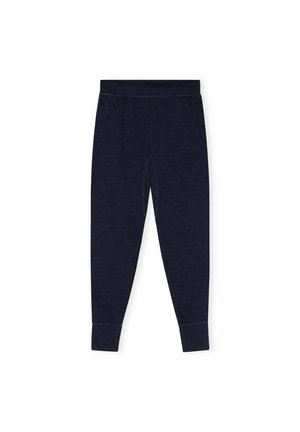 Navy blue jogger pants, made of soft fabric, featuring a drawstring waist, side pockets, and fitted cuffs at the ankles.