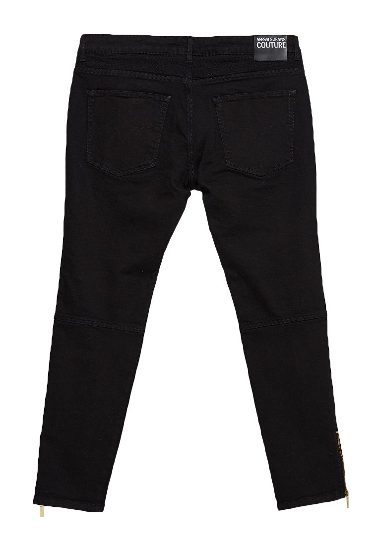 Zwarte denim broek met een aansluitend ontwerp, voorzien van gestikte details, twee achterzakken en ritsen bij de enkels. Versace Jeans Couture-label op de tailleband.