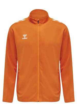 Oranje trainingsjack van gladde stof, met een opstaande kraag, een volledige rits en witte schouderstrepen. Bevat zijzakken.