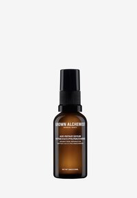 Brown glass bottle with a black pump cap, labeled "Grown Alchemist Age-Repair Serum," featuring white text and a sleek, minimalist design.