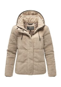 Beige hooded jacket with soft, fuzzy exterior and smooth interior. Features a zip closure, drawstring hood, and padded design for warmth.