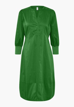 Green cotton dress with a V-neck, three-button placket, and balloon sleeves. Features gathered cuffs and a loose, A-line silhouette at the hem.