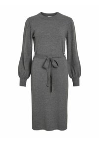 Vestito grigio a maglia con maniche lunghe e puff, scollatura rotonda e vita con laccio. Realizzato in un morbido tessuto testurizzato.