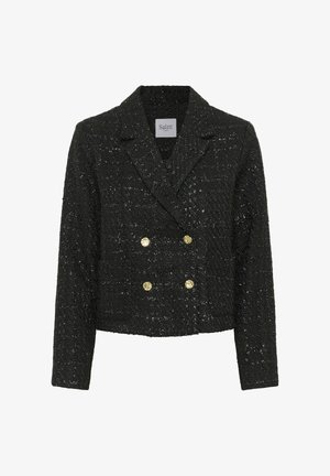 Sort struktureret dobbeltradet jakke med krave, lange ærmer og detaljer i guldtonet knapper. Lavet af et vævet stof.