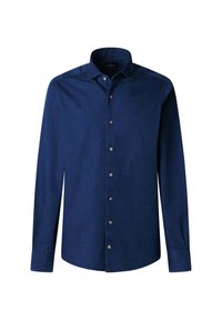 Donkerblauwe lange mouwen shirt van katoen. Met een button-down kraag, knopen aan de voorkant en een klein geborduurd logo op de borst. Geen patronen.