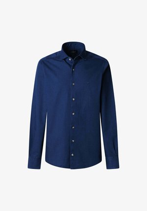 Donkerblauwe lange mouwen shirt van katoen. Met een button-down kraag, knopen aan de voorkant en een klein geborduurd logo op de borst. Geen patronen.