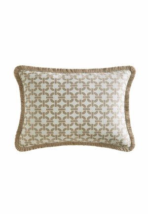 Rechteckiges beige-weißes Dekokissen mit geometrischem Muster und Fransen an allen Seiten.