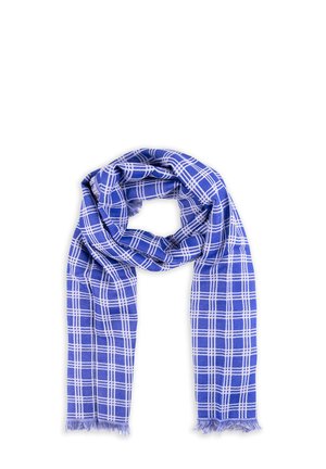 Niebieski szalik w biały kratę, luźno złożony z frędzlami na brzegach na białym tle.