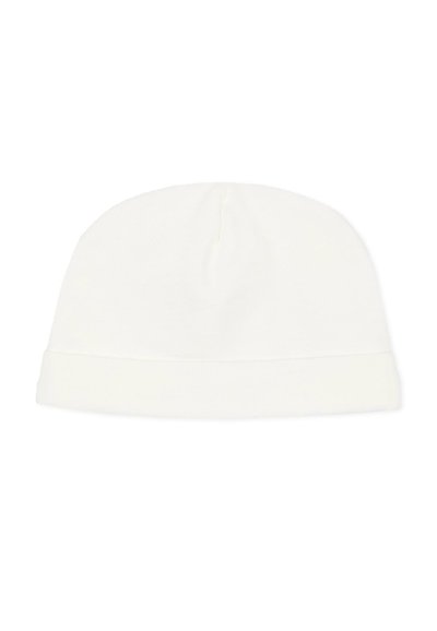 Gorro de algodón blanco con puño doblado, textura suave y diseño de parte superior redondeada. Simple y versátil para varios estilos.